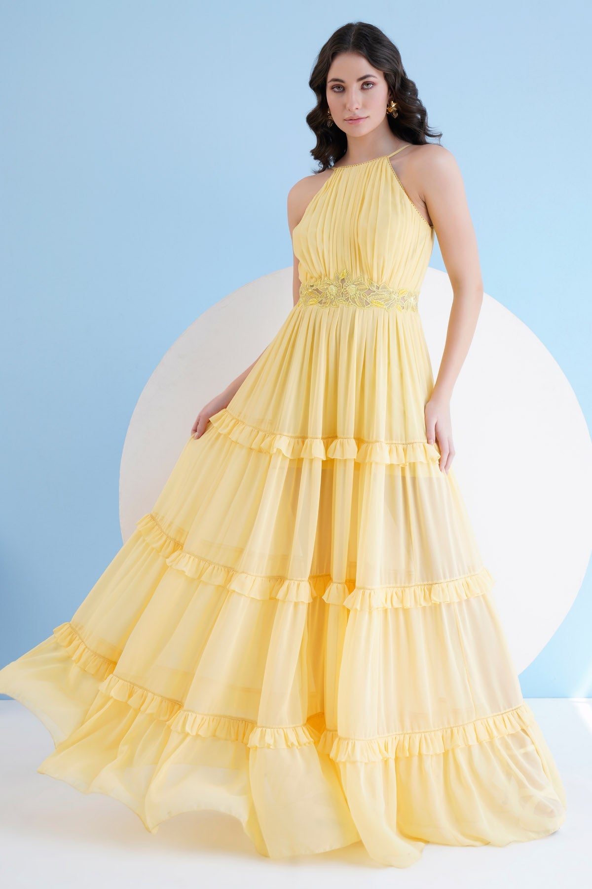 Buy Yellow Halter Long Frill Dress by Mandira Wirk